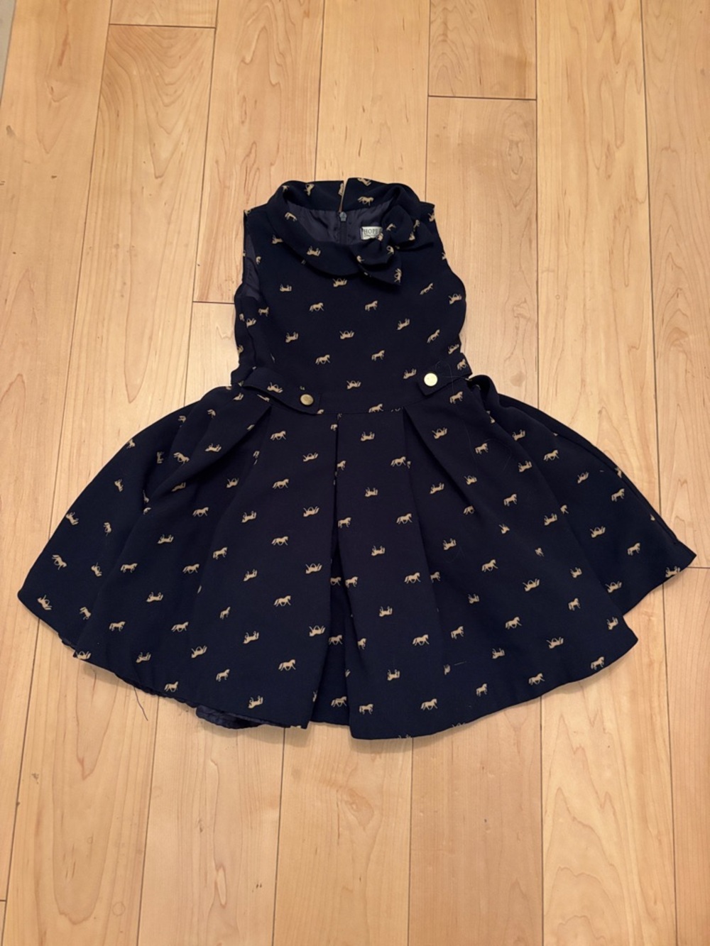 Girls' Navy Sleeveless Fit-and-Flare Dress with Gold Accent Print